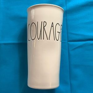 RAE DUNN CERAMIC TRAVEL TUMBLER /w TOP 7”tall “COURAGE” ARTISAN COLLECTION